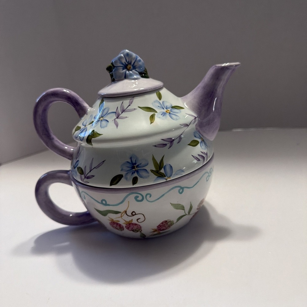 Capriware Tea for One Set Hand Painted Ceramic Teapot and Cup Floral Purple Blue